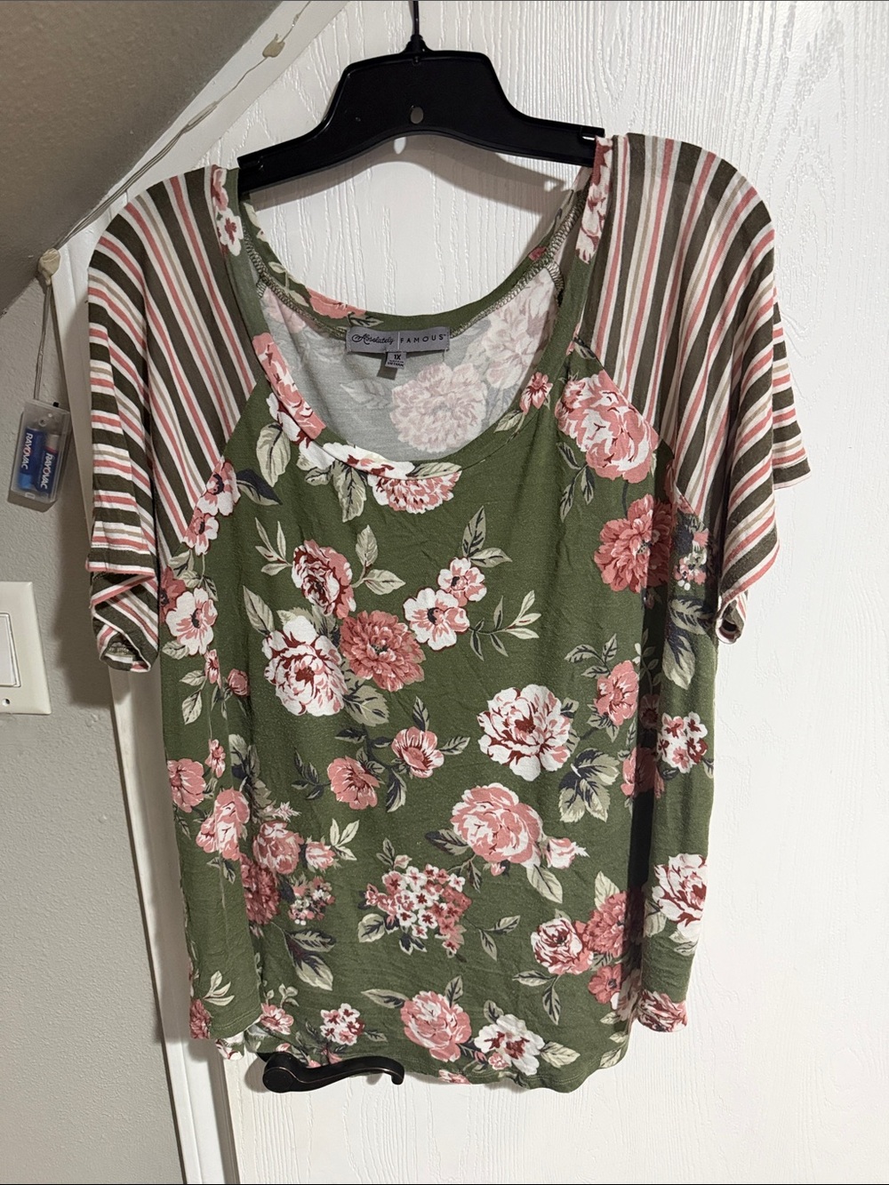 Absolutely Famous Olive Green Floral Raglan Short Sleeve Top with Pink Accents